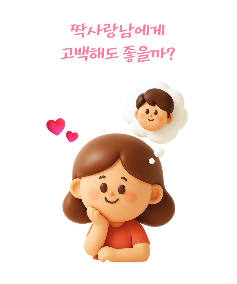 짝사랑남에게 고백해도 좋을까? 텍스트가 표시된 대화창, 여자가 남자를 떠올리고 있는 이미지