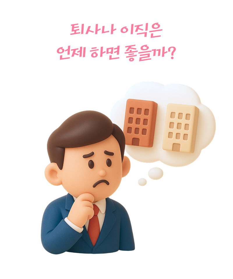 퇴사나 이직은 언제하면 좋을까? 텍스트가 표시된 대화창, 남자가 회사를 떠올리며 고민하고 있는 이미지